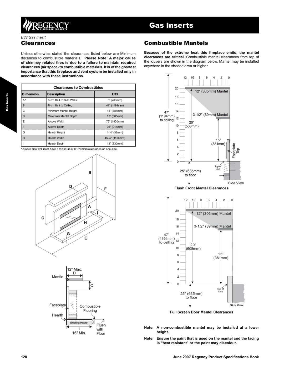 Regency E33-LP1, E33-NG1 dimensions Combustible Mantels, Clearances to Combustibles 