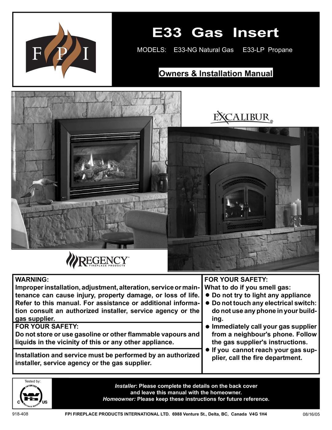 Regency E33-LP, E33-NG installation manual E33 Gas Insert, 08/16/05 