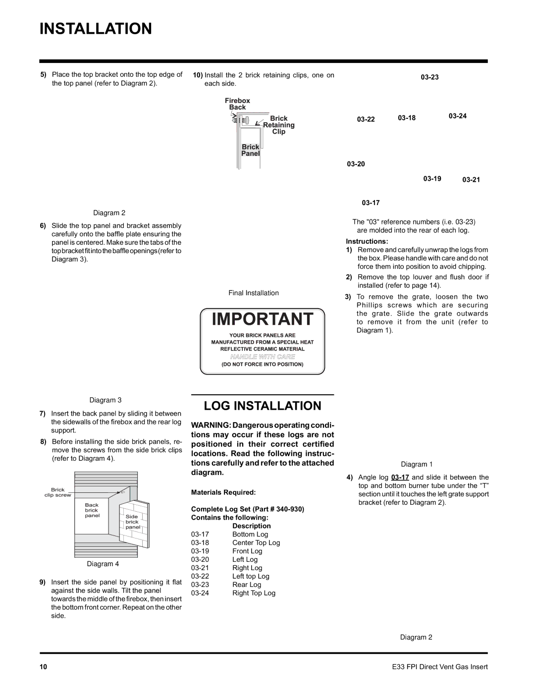 Regency E33-NG, E33-LP LOG Installation, Final Installation, 03-23, 03-22 03-18 03-24 03-20 03-19 03-17, Instructions 