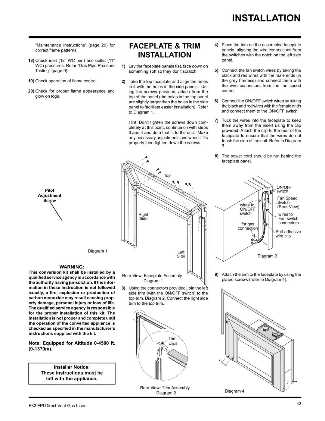 Regency E33-LP, E33-NG Faceplate & Trim Installation, Pilot Adjustment Screw, Rear View Faceplate Assembly Diagram 