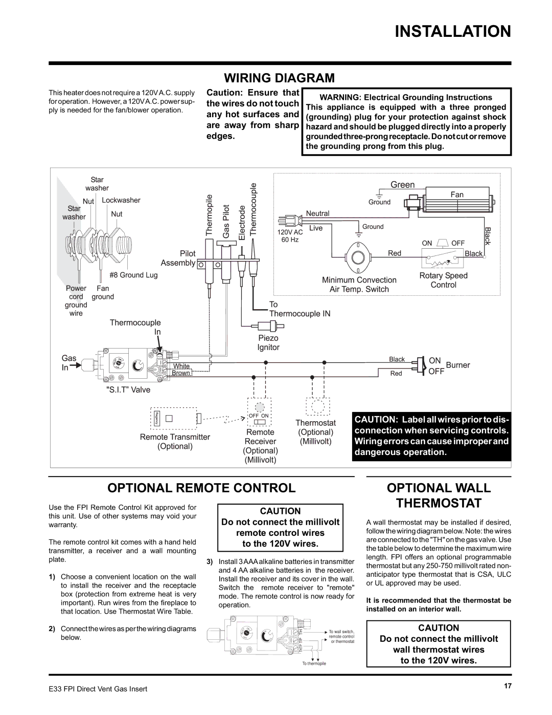 Regency E33-LP, E33-NG installation manual Wiring Diagram, Optional Remote Control Optional Wall, Thermostat 