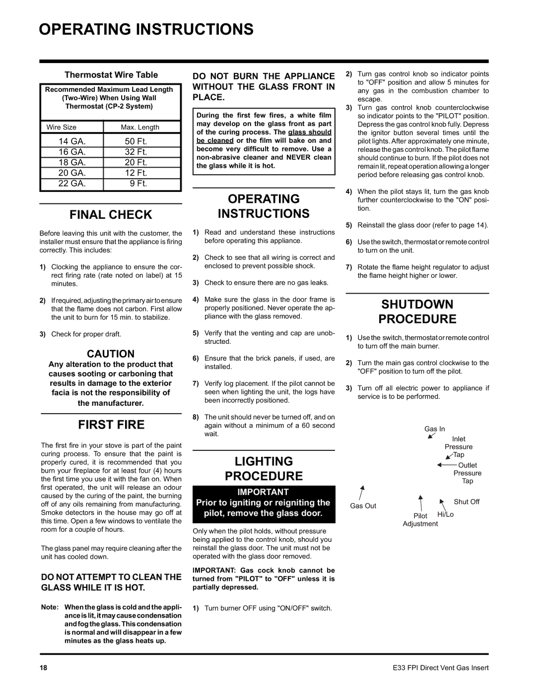 Regency E33-NG, E33-LP installation manual Operating Instructions 