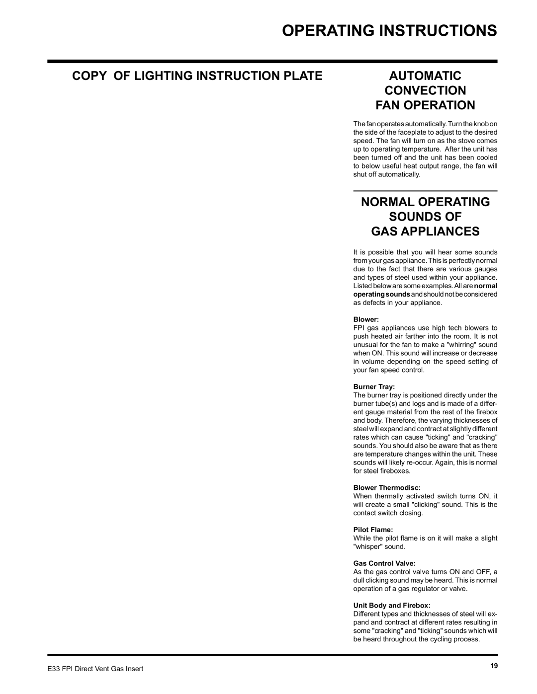 Regency E33-LP, E33-NG installation manual Copy of Lighting Instruction Plate, Normal Operating Sounds GAS Appliances 