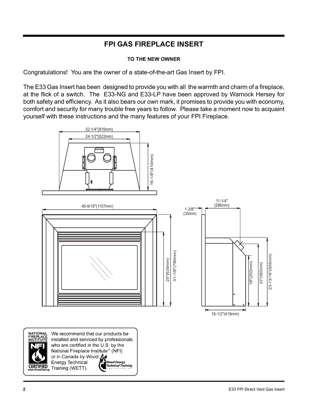 Regency E33-NG, E33-LP installation manual FPI GAS Fireplace Insert, E33 FPI Direct Vent Gas Insert 