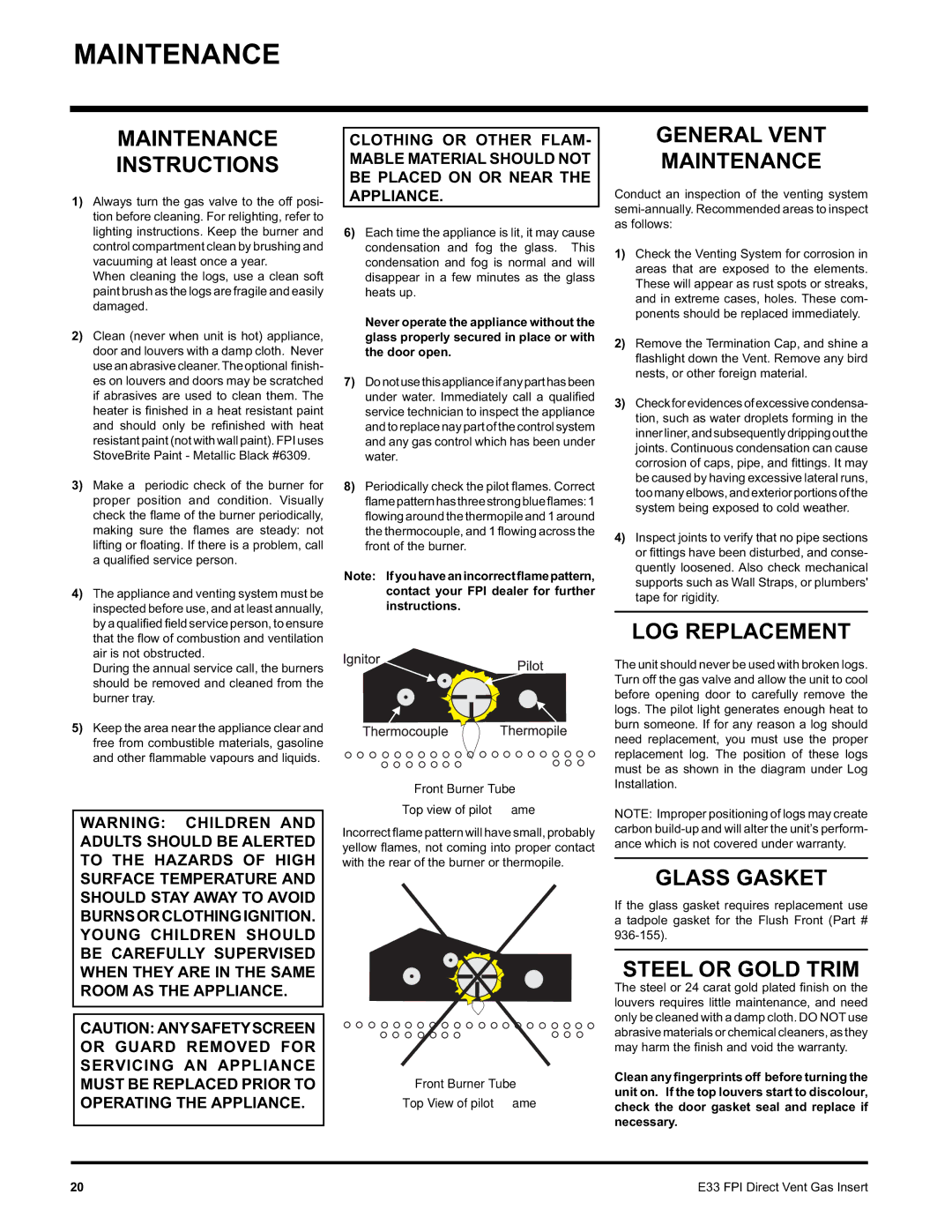 Regency E33-NG, E33-LP installation manual Maintenance 