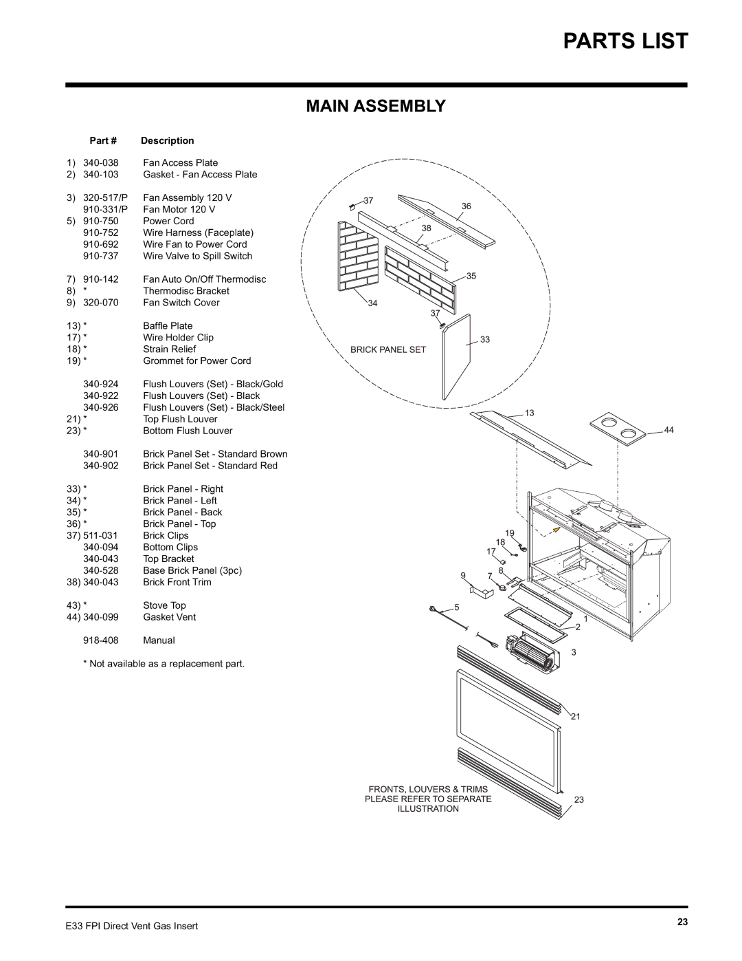 Regency E33-LP, E33-NG installation manual Parts List, Main Assembly 