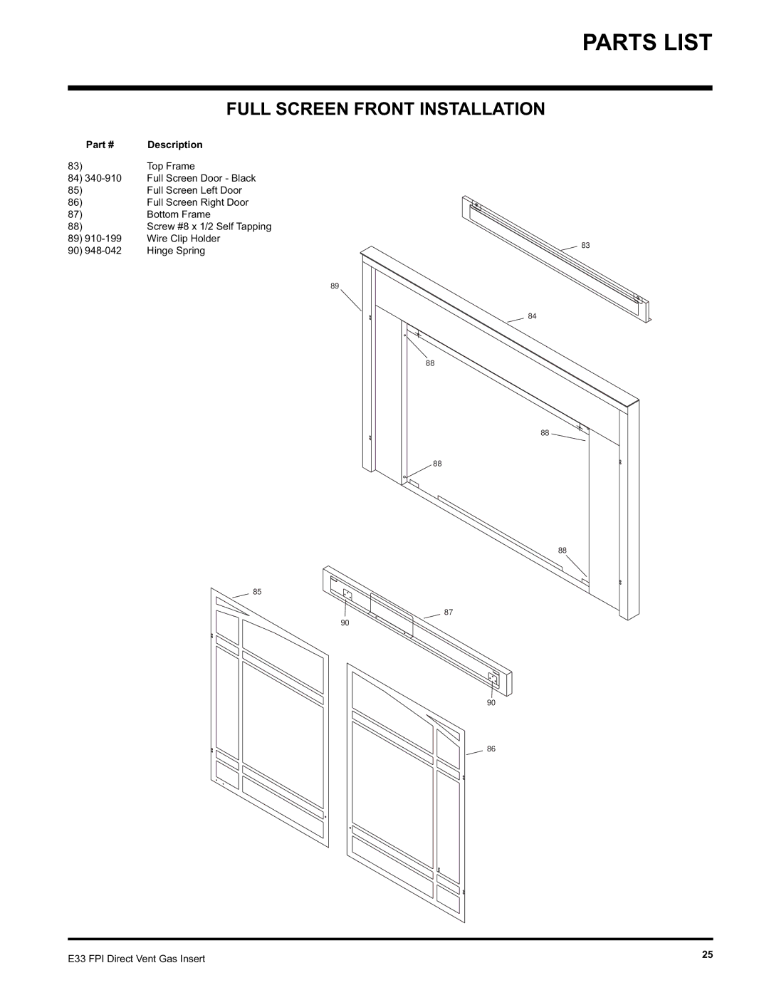 Regency E33-LP, E33-NG installation manual Full Screen Front Installation 