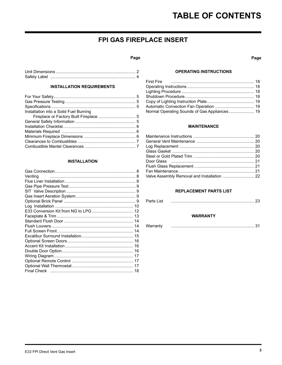 Regency E33-LP, E33-NG installation manual Table of Contents 