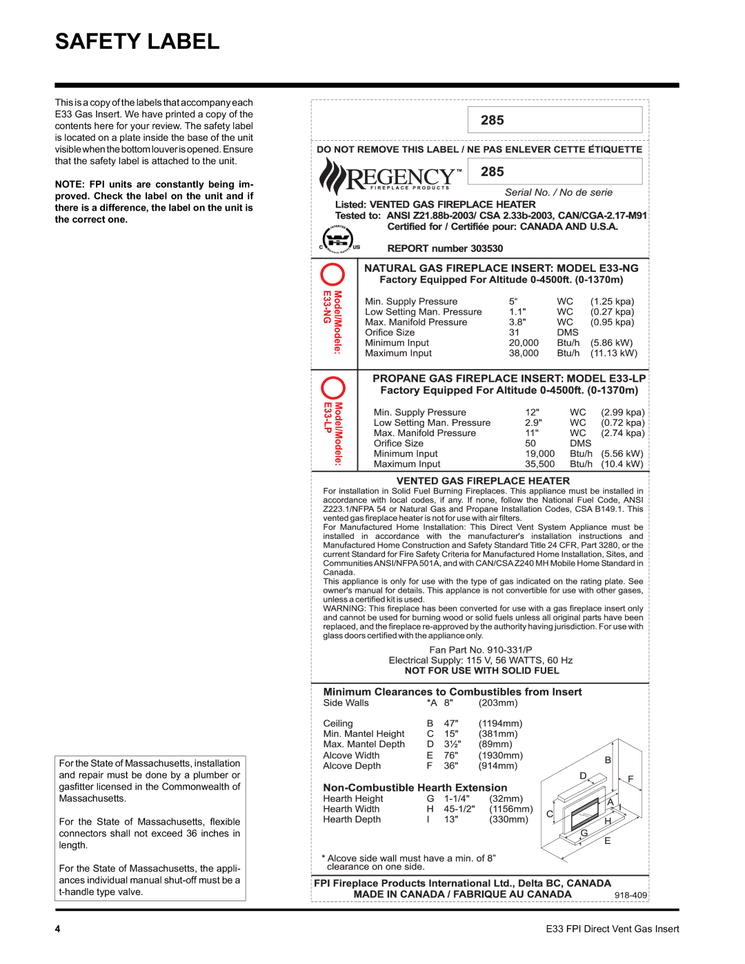 Regency E33-NG, E33-LP installation manual Safety Label 