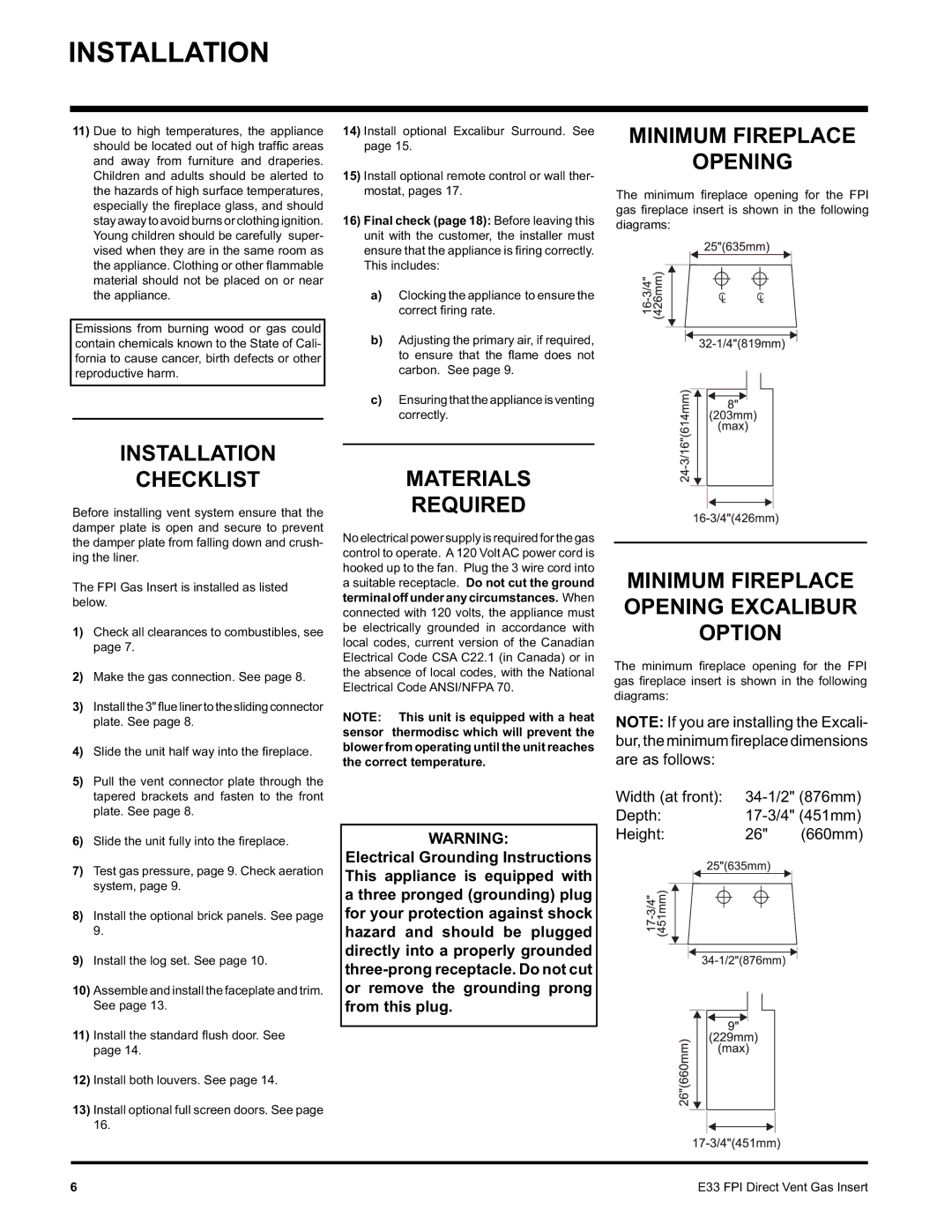 Regency E33-NG, E33-LP installation manual Minimum Fireplace Opening, Installation Checklist, Materials Required 