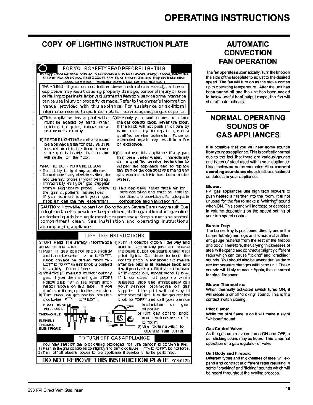 Regency E33-LP Operating Instructions, Copy Of Lighting Instruction Plate, Normal Operating Sounds Of Gas Appliances 