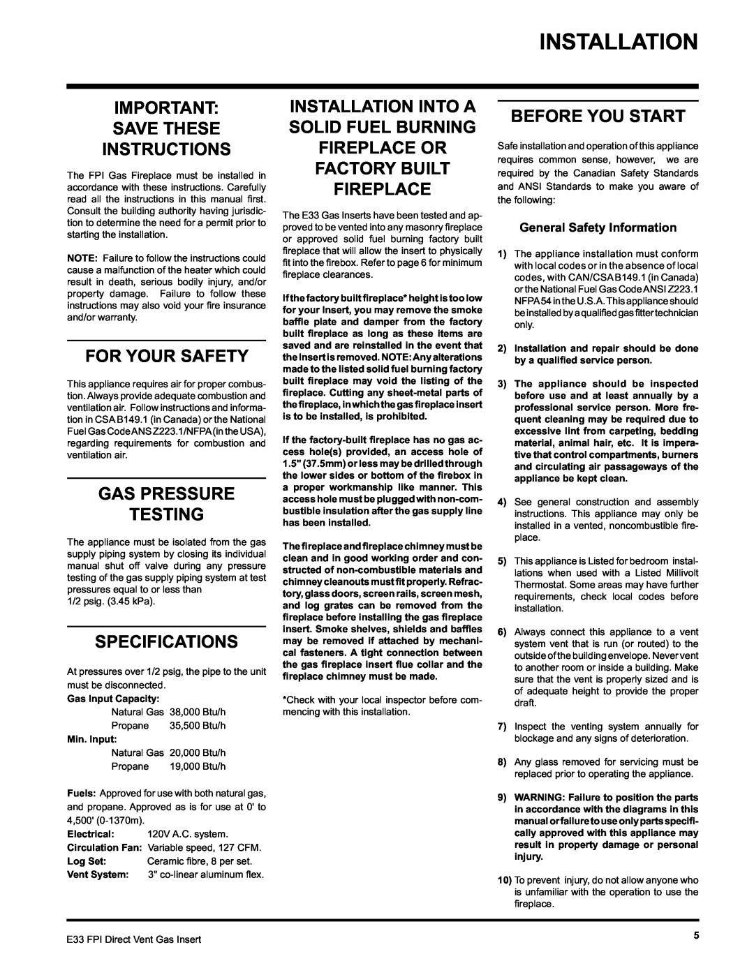 Regency E33-LP Installation, Save These Instructions, For Your Safety, Gas Pressure Testing, Specifications, Min. Input 
