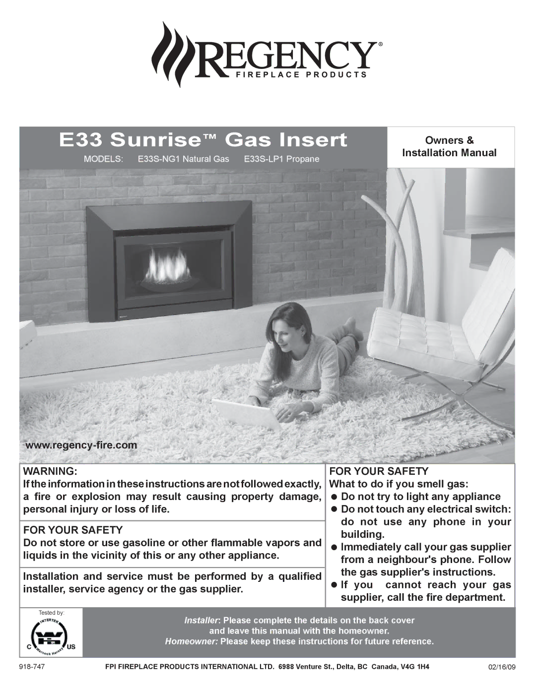 Regency E33S installation manual E33 Sunrise Gas Insert 