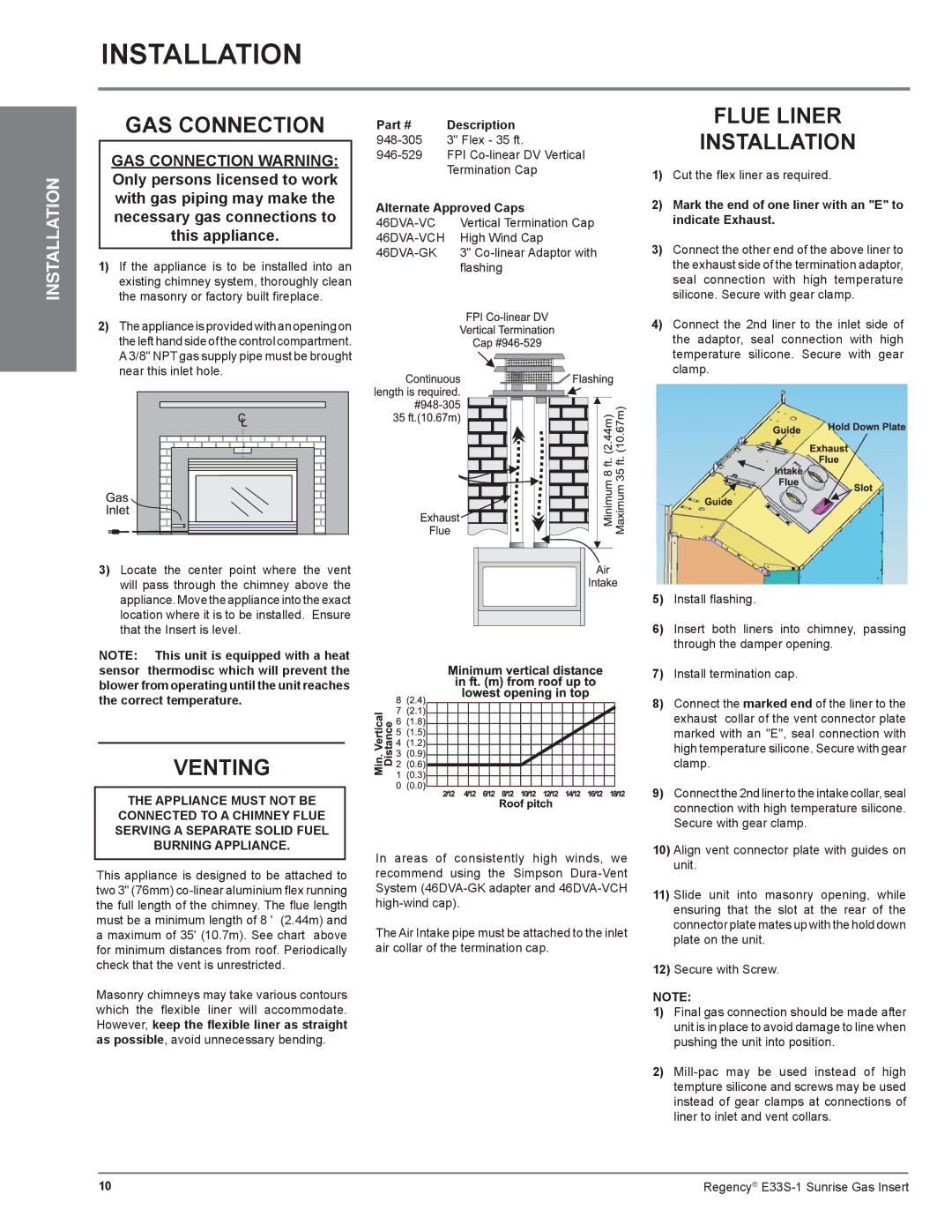 Regency E33S installation manual GAS Connection, Venting, Flue Liner Installation 