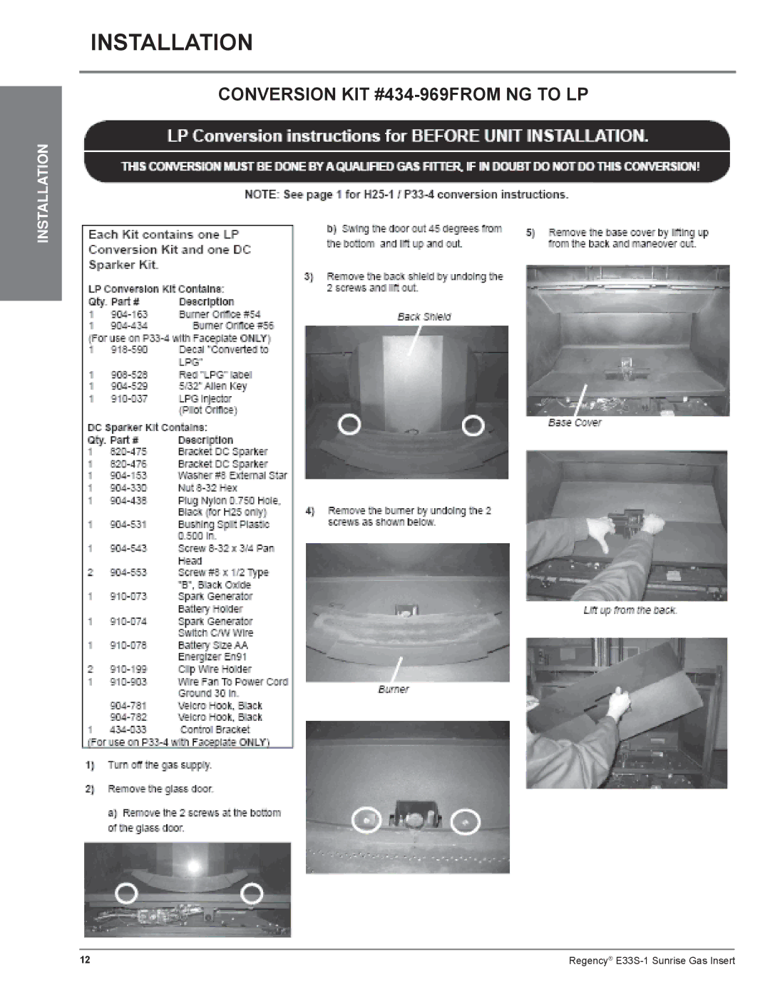 Regency E33S installation manual Conversion KIT #434-969FROM NG to LP 