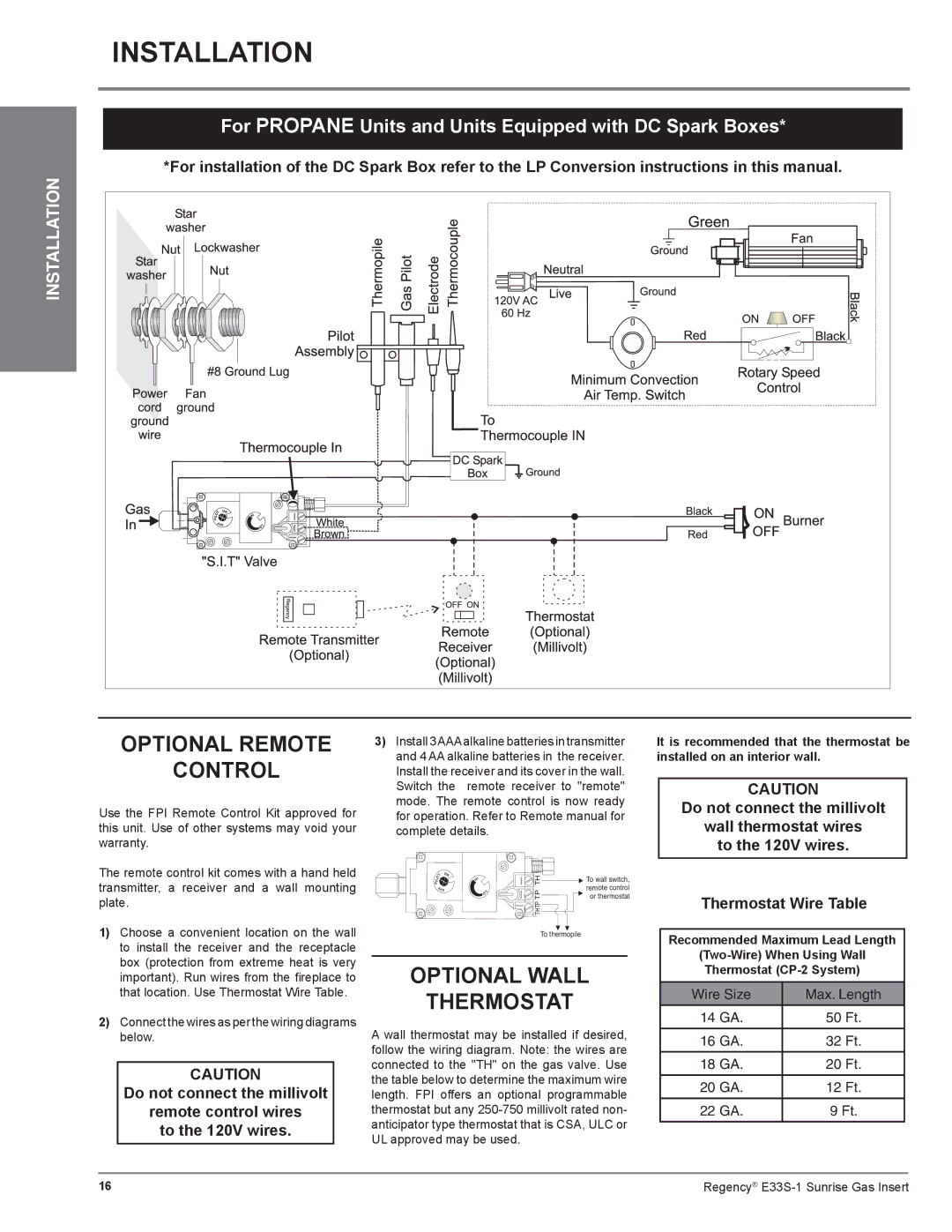 Regency E33S installation manual Optional Wall Thermostat, Thermostat Wire Table 