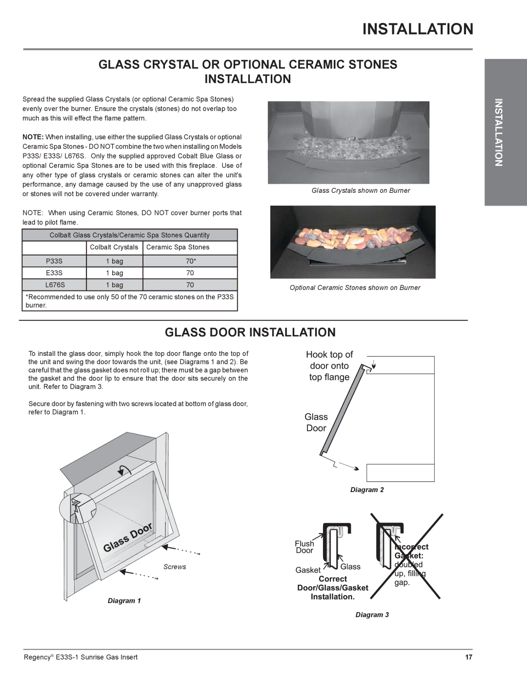 Regency E33S installation manual Glass Crystal or Optional Ceramic Stones Installation, Glass Door Installation 