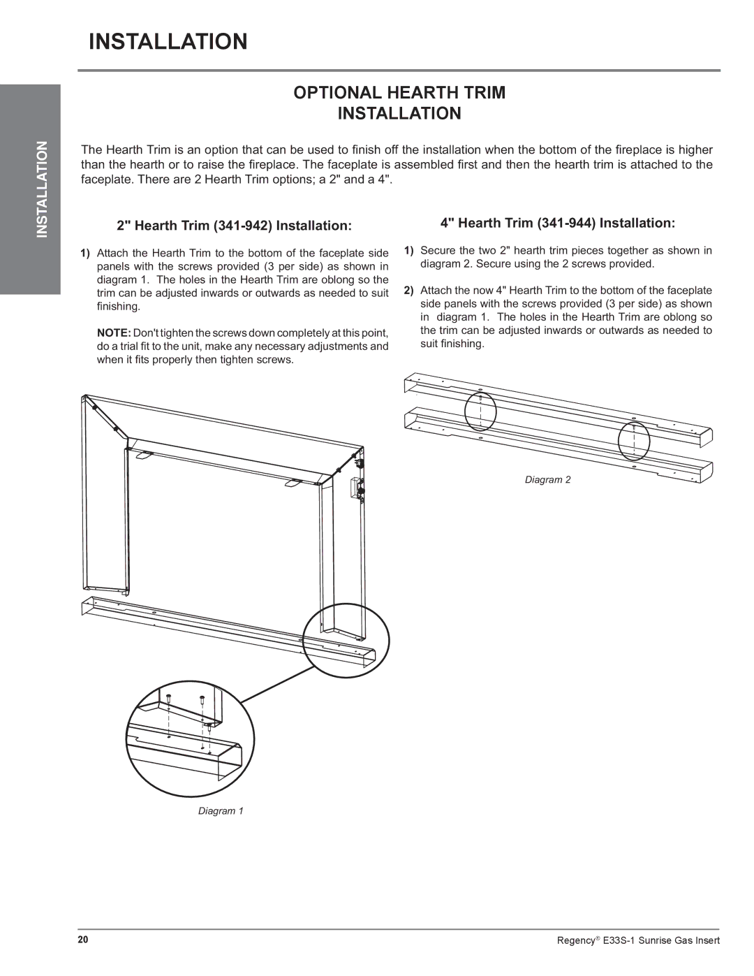 Regency E33S installation manual Optional Hearth Trim Installation, Hearth Trim 341-942 Installation 