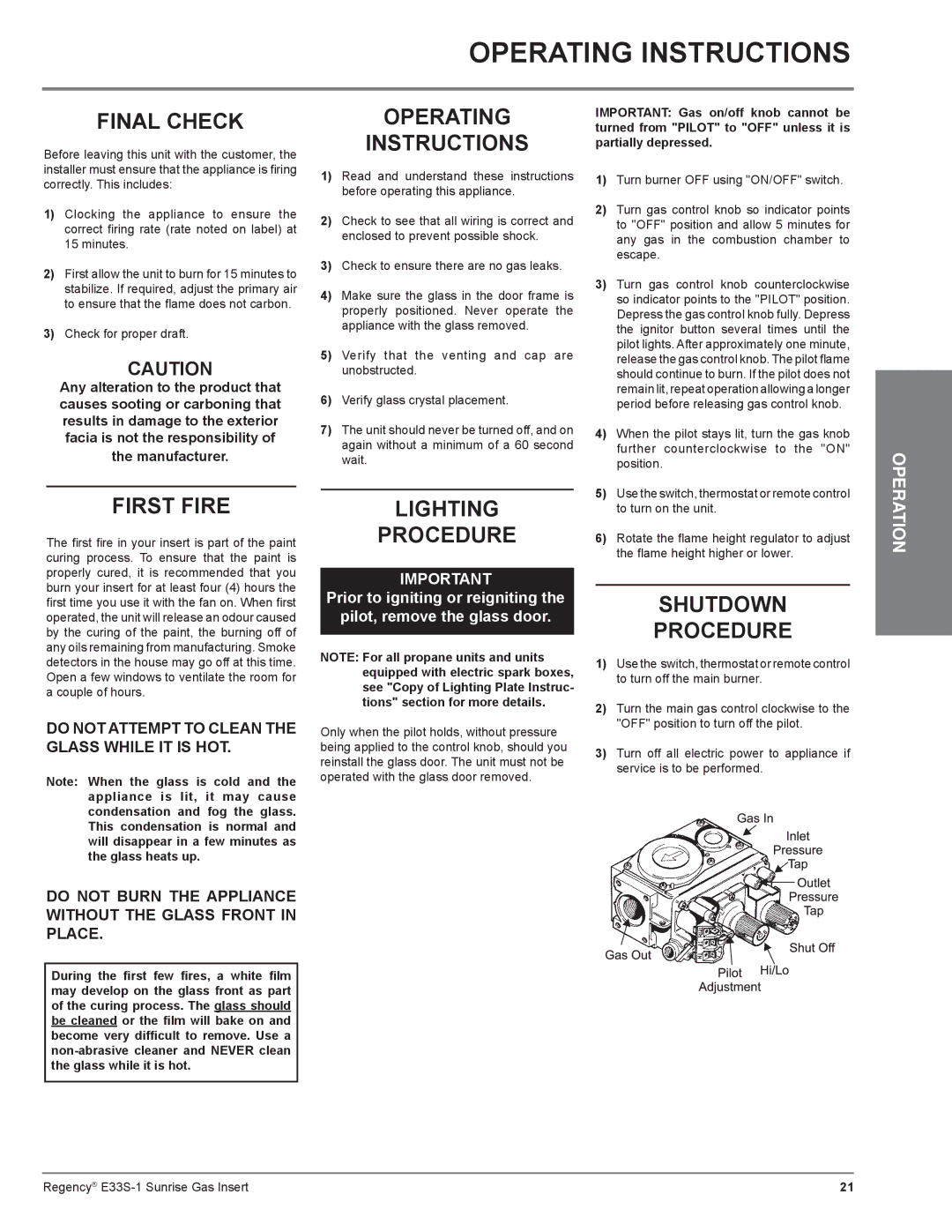 Regency E33S installation manual Operating Instructions 