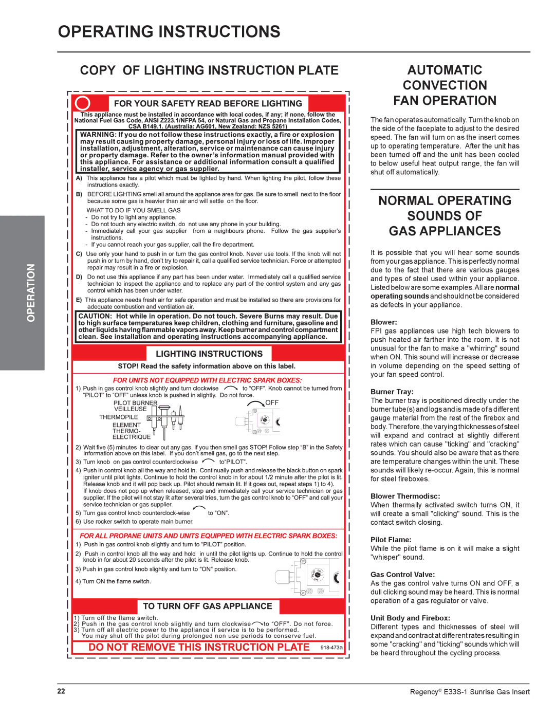 Regency E33S installation manual Copy of Lighting Instruction Plate, Automatic Convection FAN Operation 