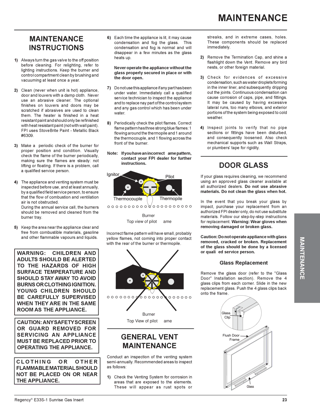 Regency E33S installation manual Maintenance Instructions, Door Glass, General Vent Maintenance, Glass Replacement 