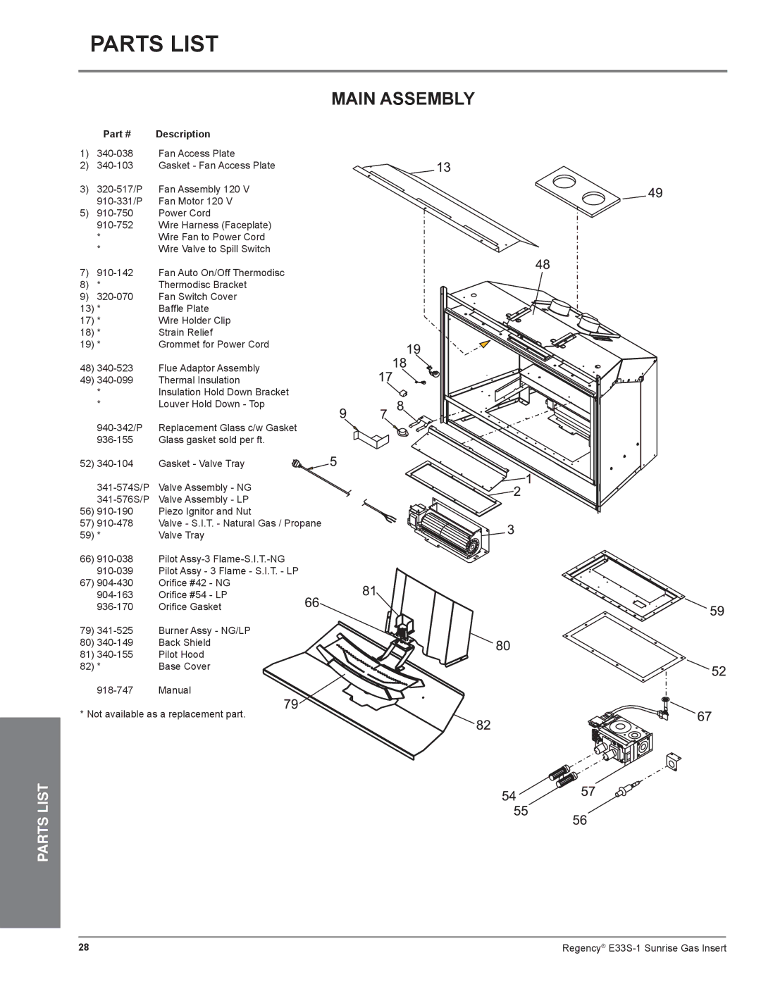 Regency E33S installation manual Parts List, Main Assembly 