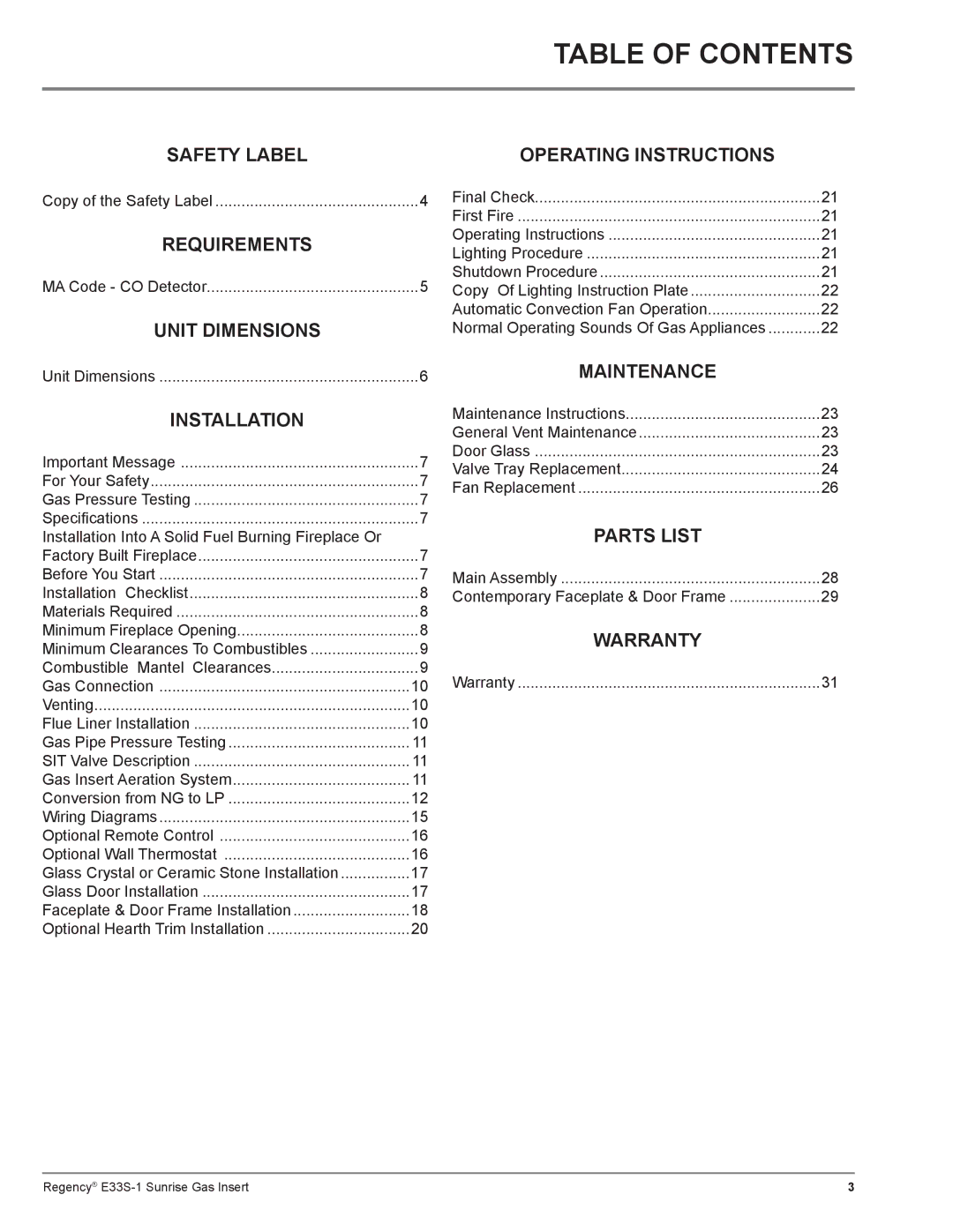 Regency E33S installation manual Table of Contents 