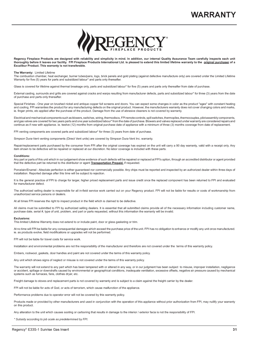 Regency E33S installation manual Warranty, Conditions 