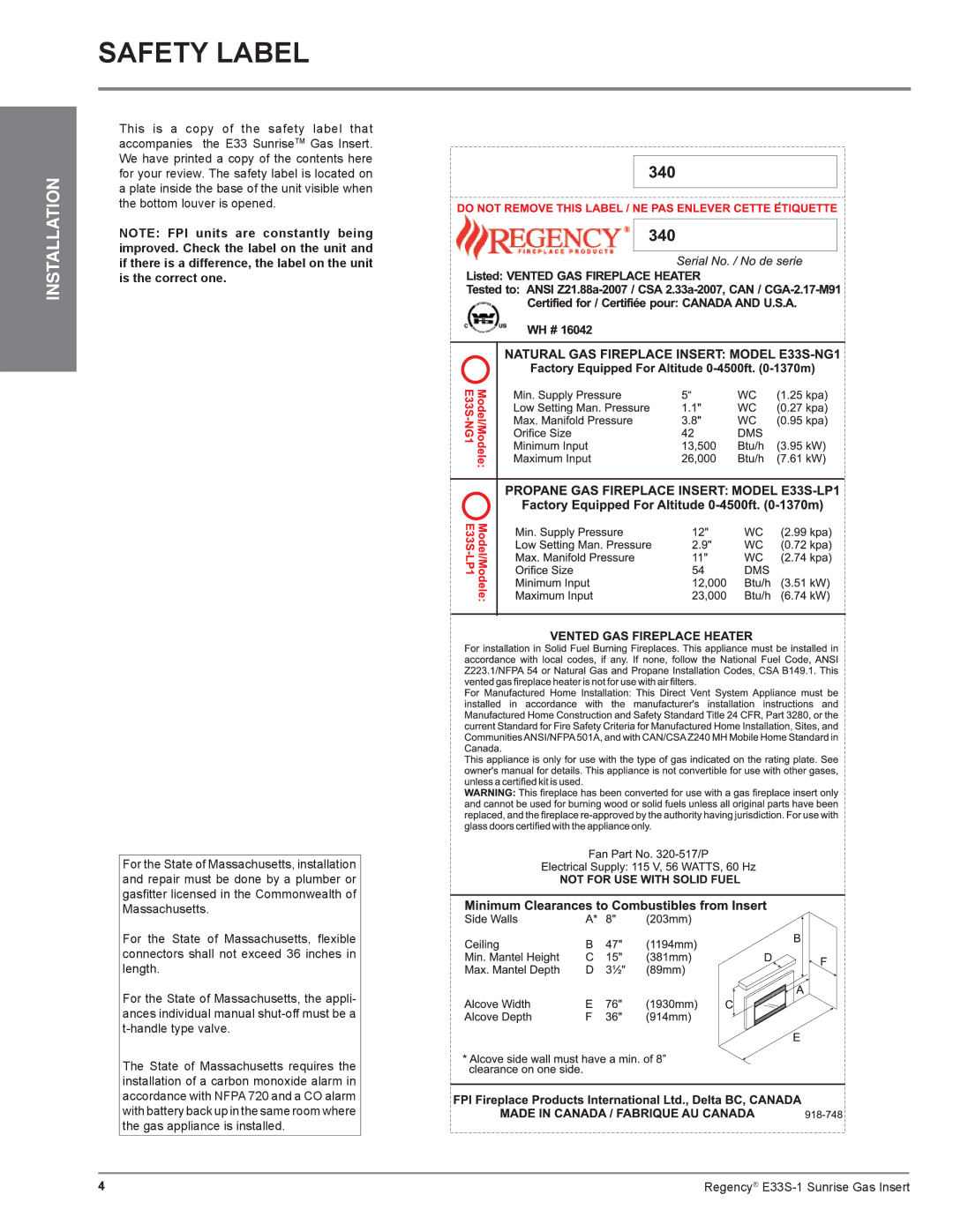 Regency E33S installation manual Safety Label 