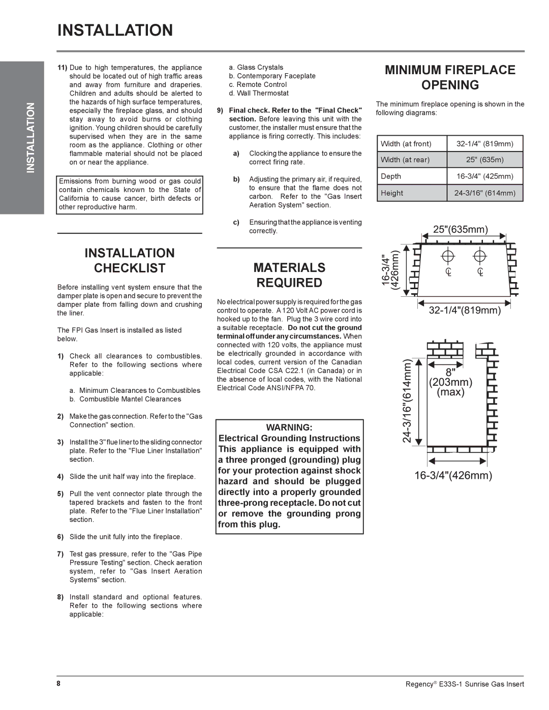 Regency E33S installation manual Minimum Fireplace Opening, Installation Checklist, Materials Required 