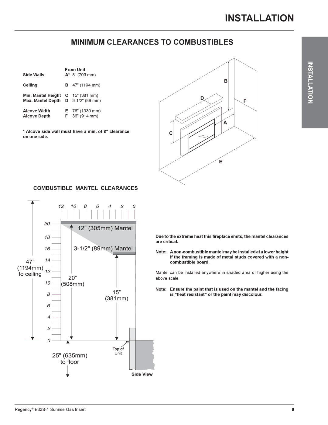 Regency E33S installation manual Minimum Clearances to Combustibles 