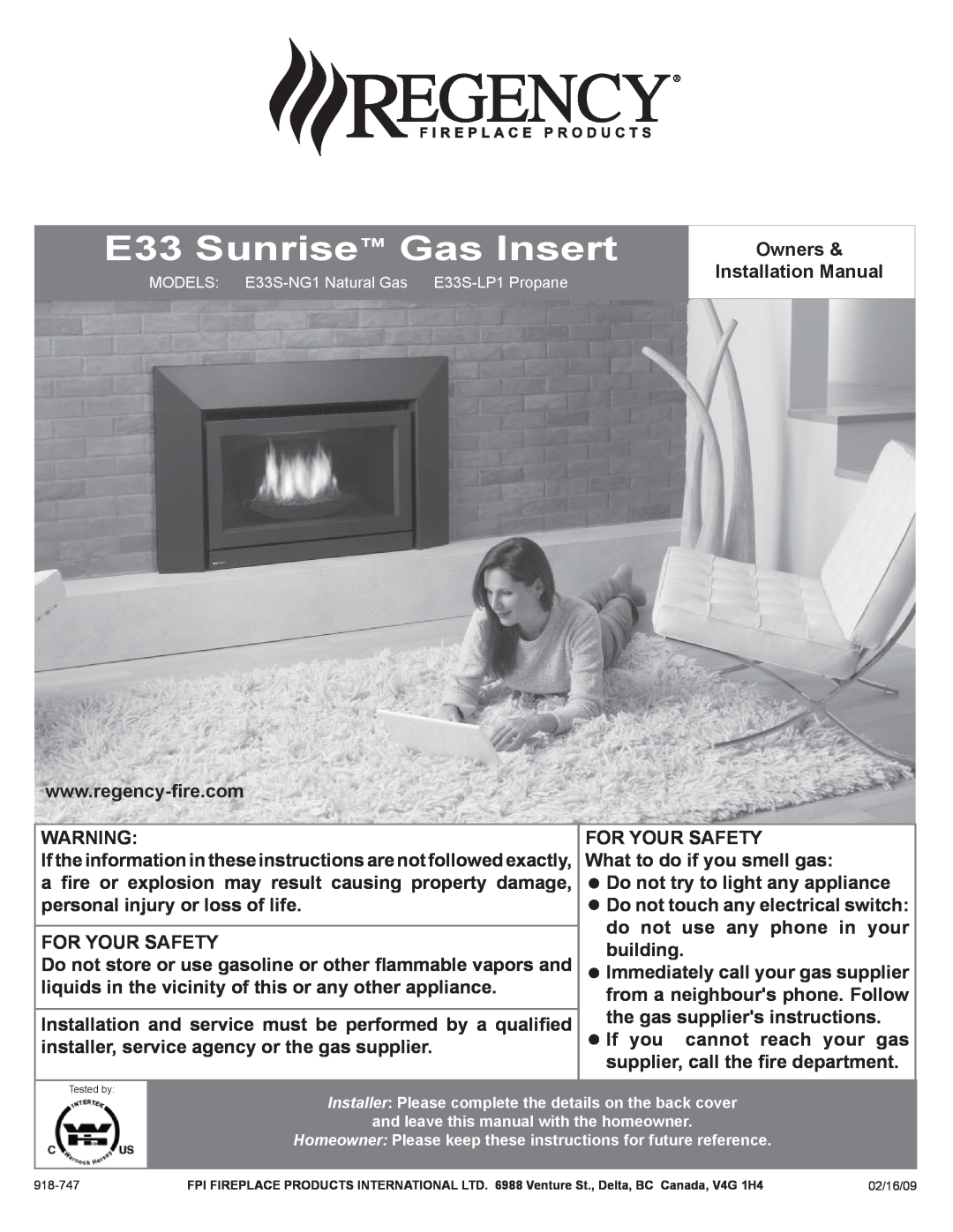 Regency E33S installation manual E33 Sunrise Gas Insert 