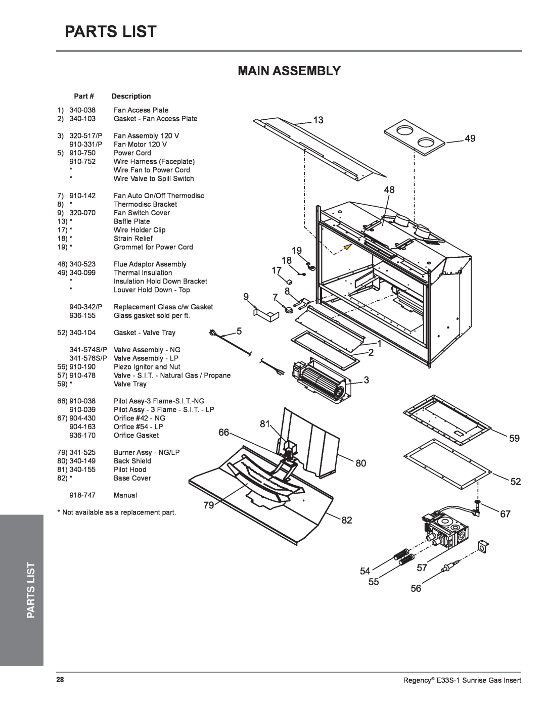 Regency E33S installation manual Parts List, Main Assembly, Description 