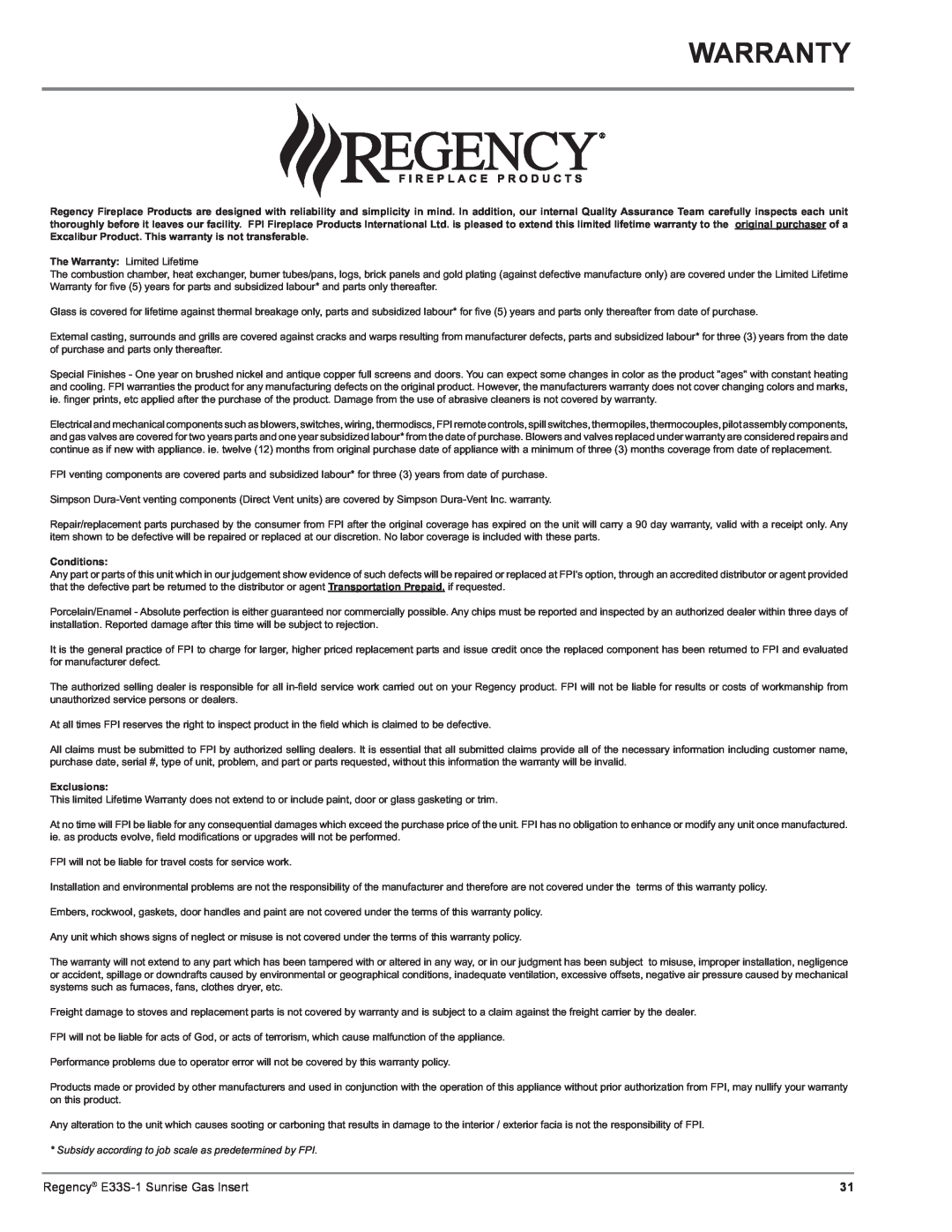 Regency E33S installation manual Warranty, Conditions, Exclusions 