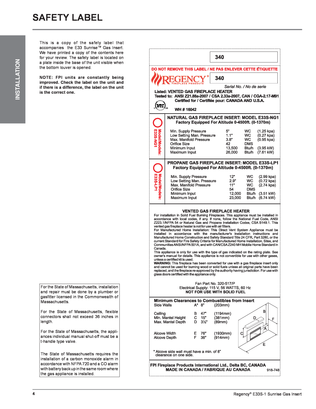 Regency E33S installation manual Safety Label, Installation 