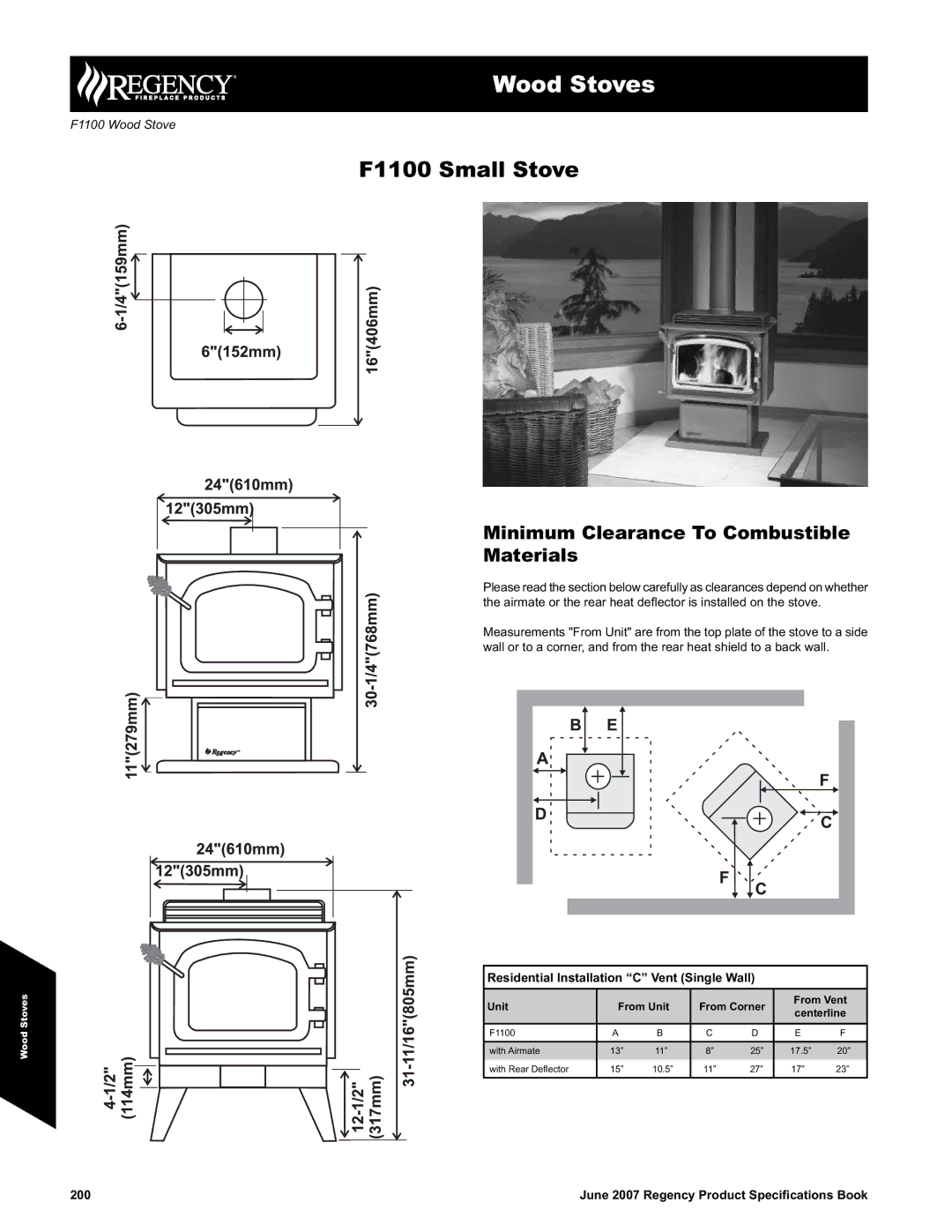 Regency specifications Wood Stoves, F1100 Small Stove, Minimum Clearance To Combustible Materials 