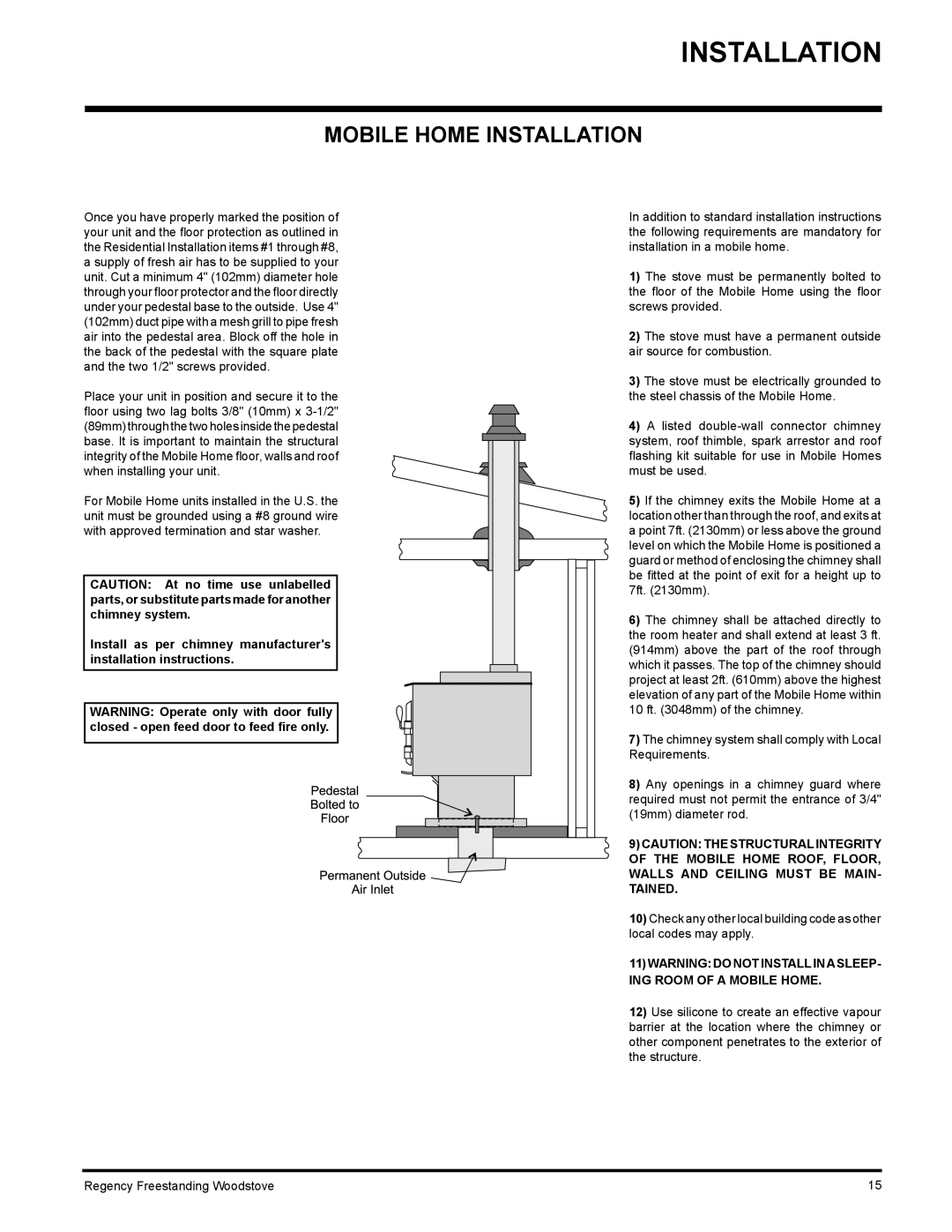 Regency S2400M, F2400M installation manual Mobile Home Installation 