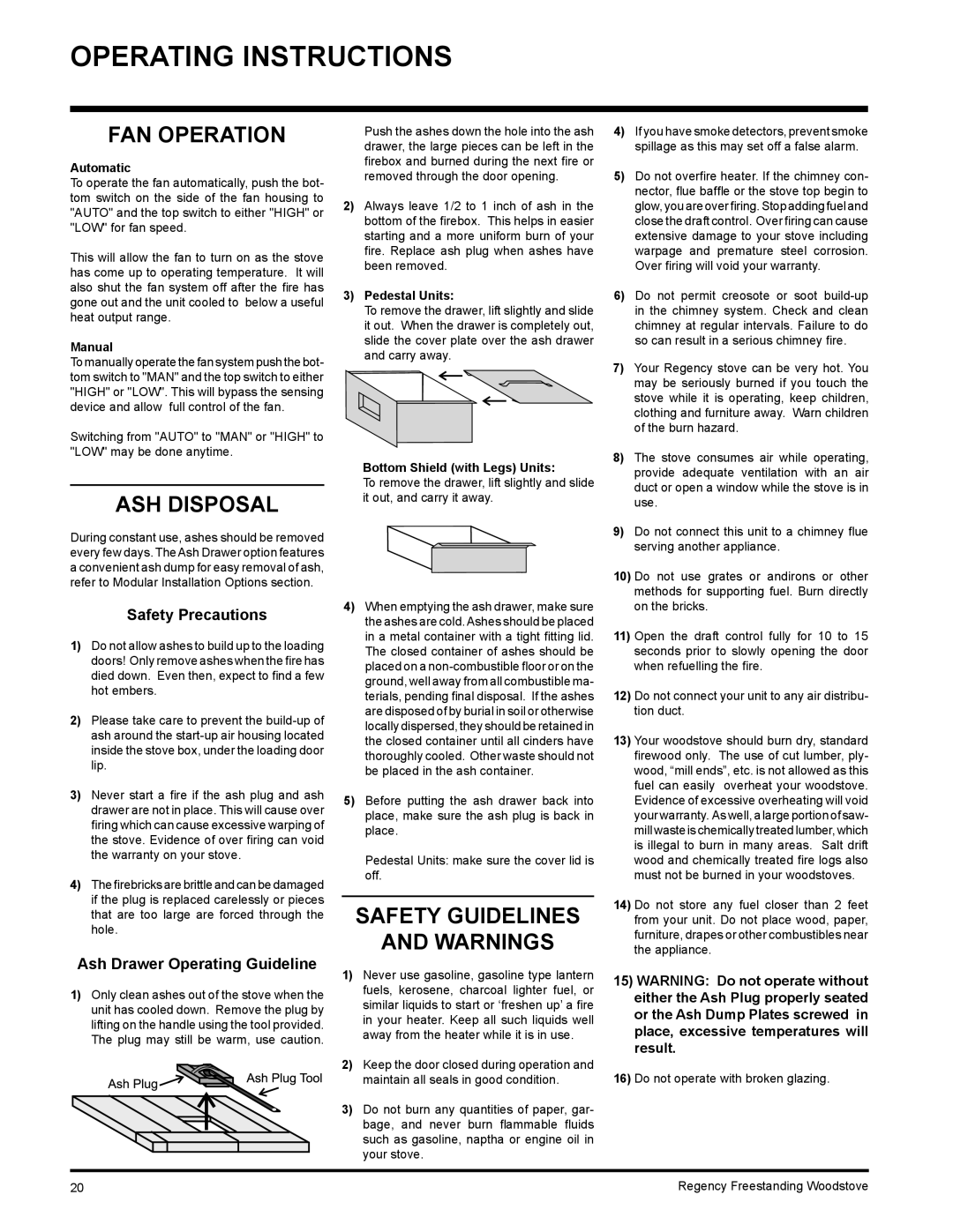 Regency F2400M, S2400M FAN Operation, ASH Disposal, Safety Guidelines, Safety Precautions, Ash Drawer Operating Guideline 