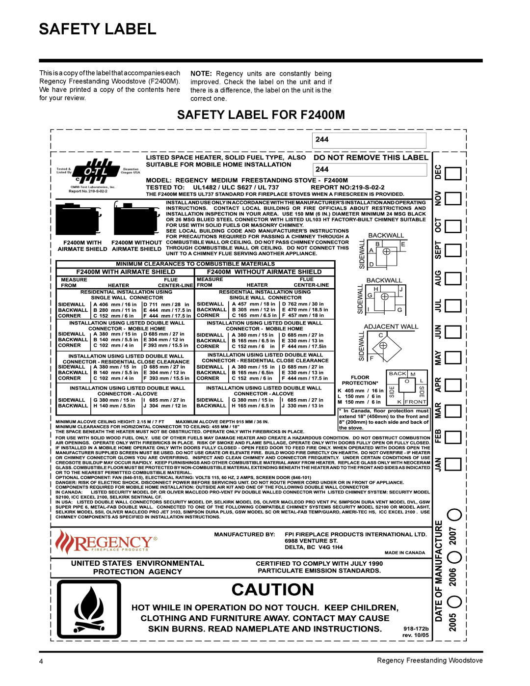 Regency S2400M installation manual Safety Label for F2400M 