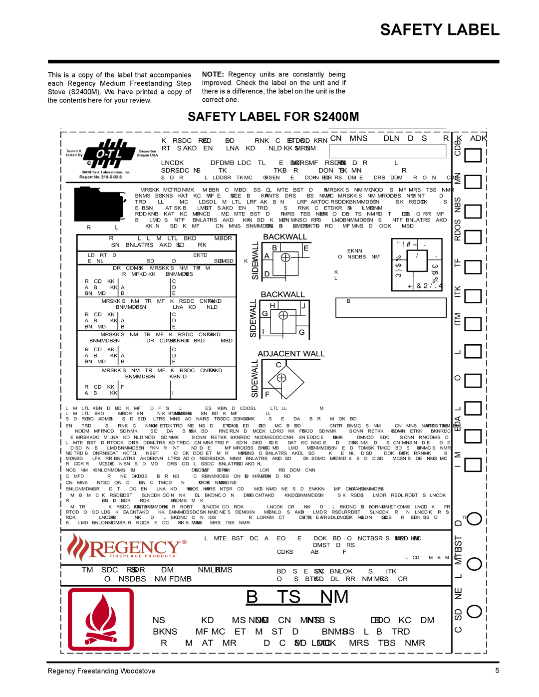 Regency F2400M installation manual Safety Label for S2400M, 2006, 2005, 245 