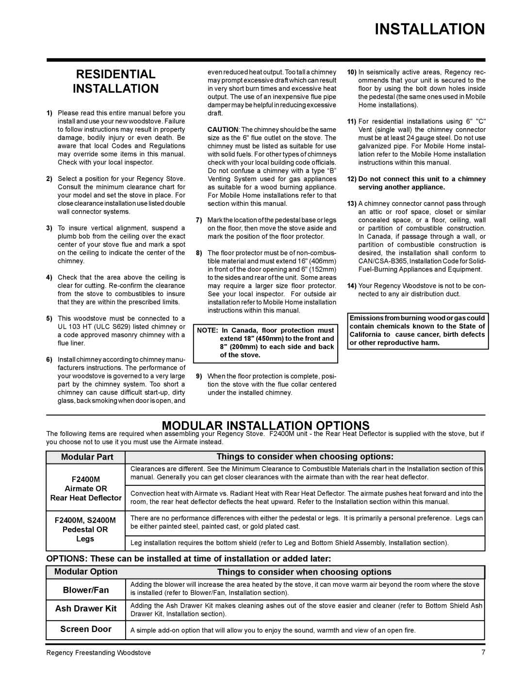 Regency installation manual Residential Installation, Modular Installation Options, F2400M, S2400M 