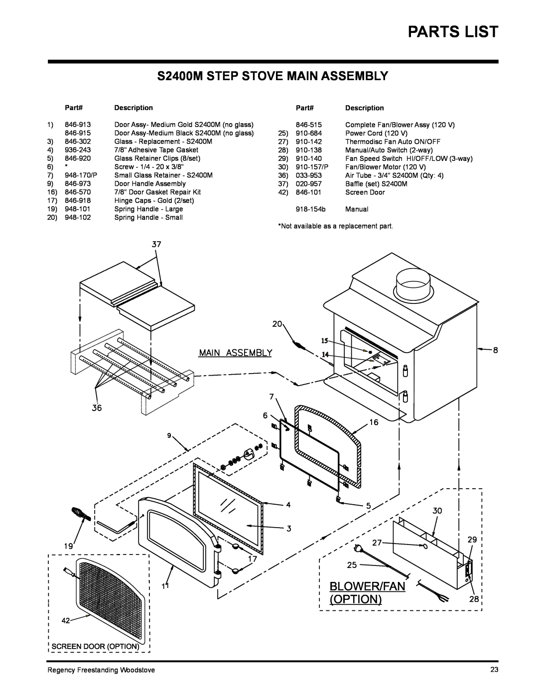 Regency F2400M installation manual Parts List, S2400M STEP STOVE MAIN ASSEMBLY 