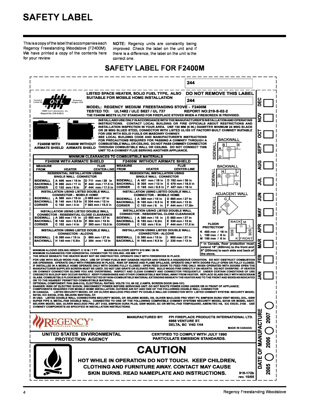 Regency S2400M installation manual Safety Label, SAFETY LABEL FOR F2400M 