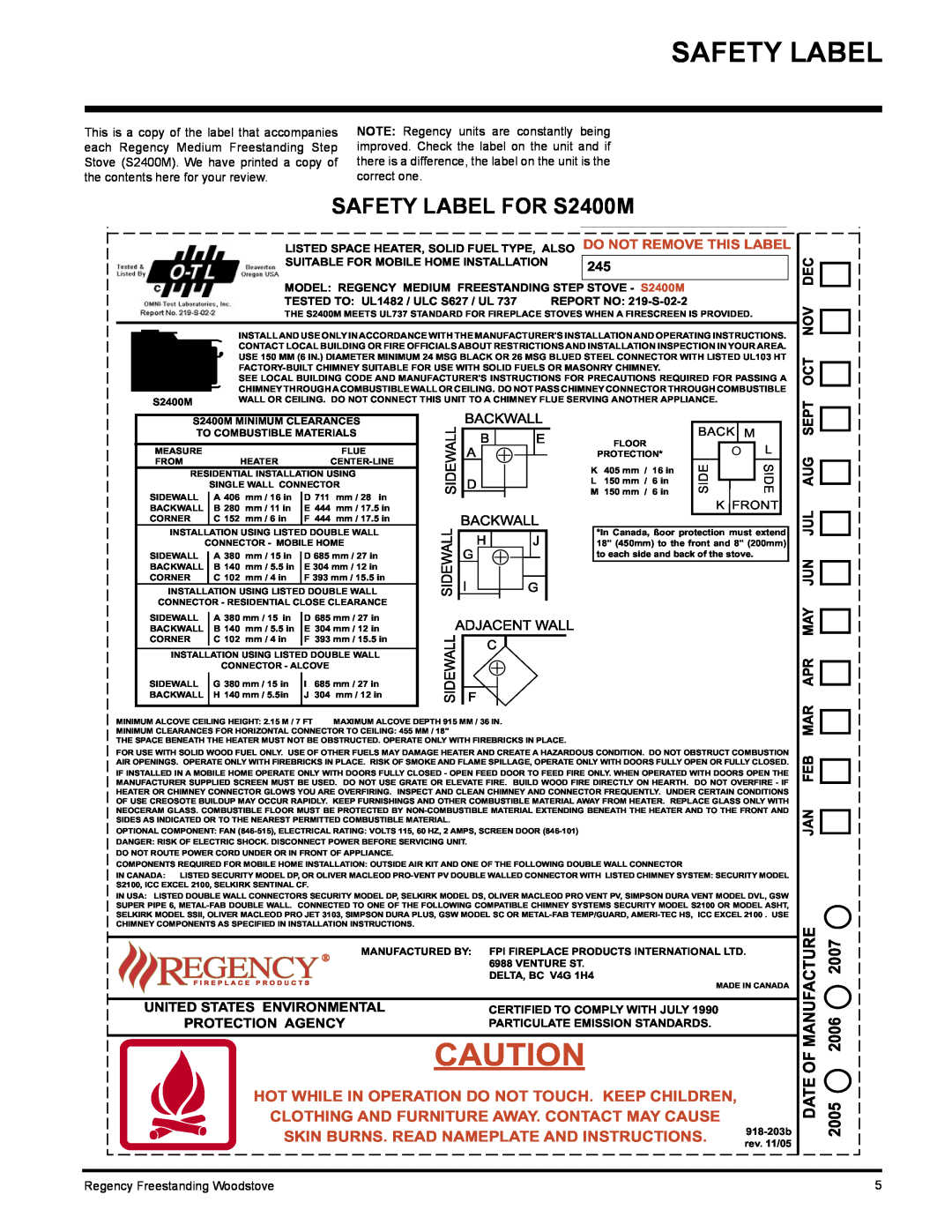 Regency Safety Label, SAFETY LABEL FOR S2400M, Clothing And Furniture Away. Contact May Cause, Of Manufacture, 2006 