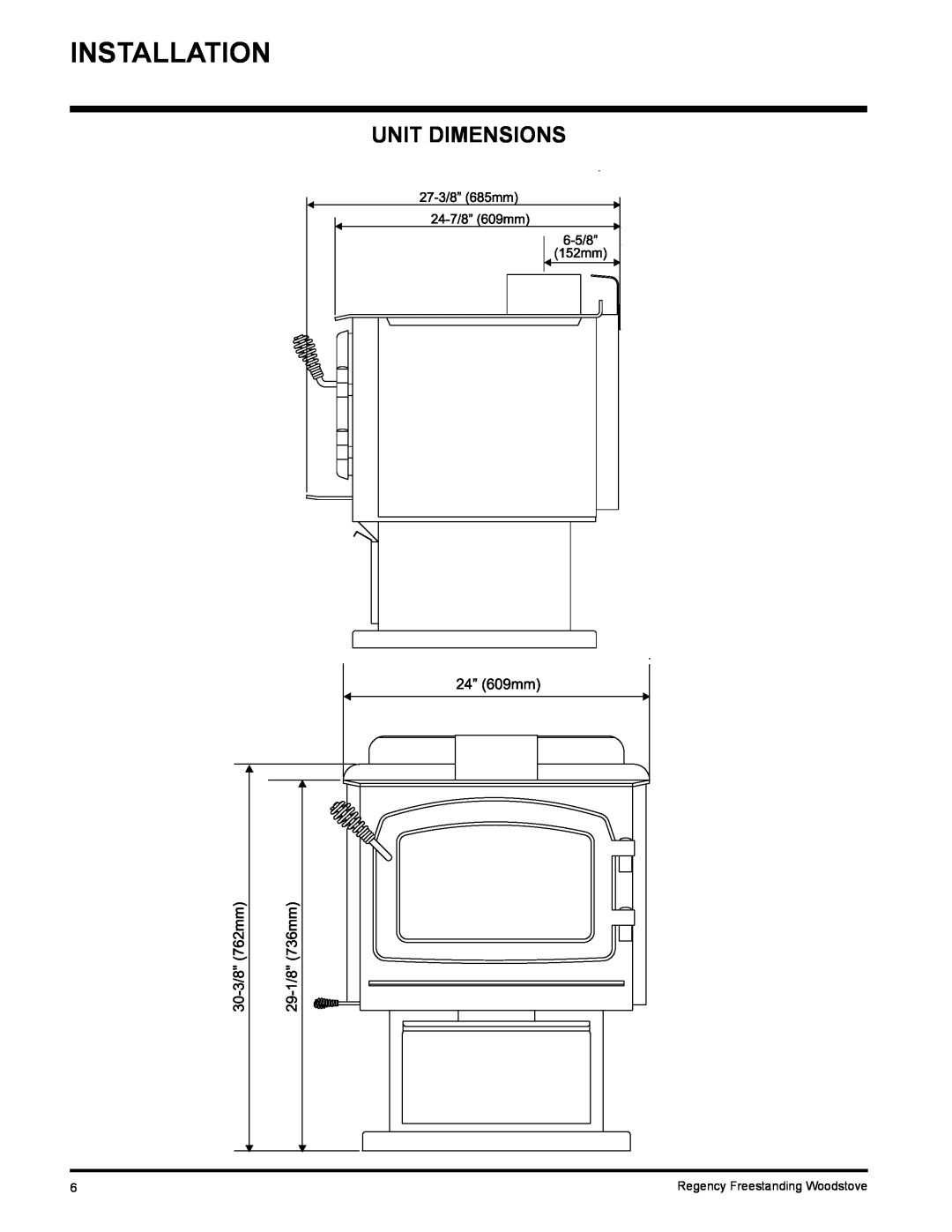 Regency F2400M, S2400M installation manual Installation, Unit Dimensions 