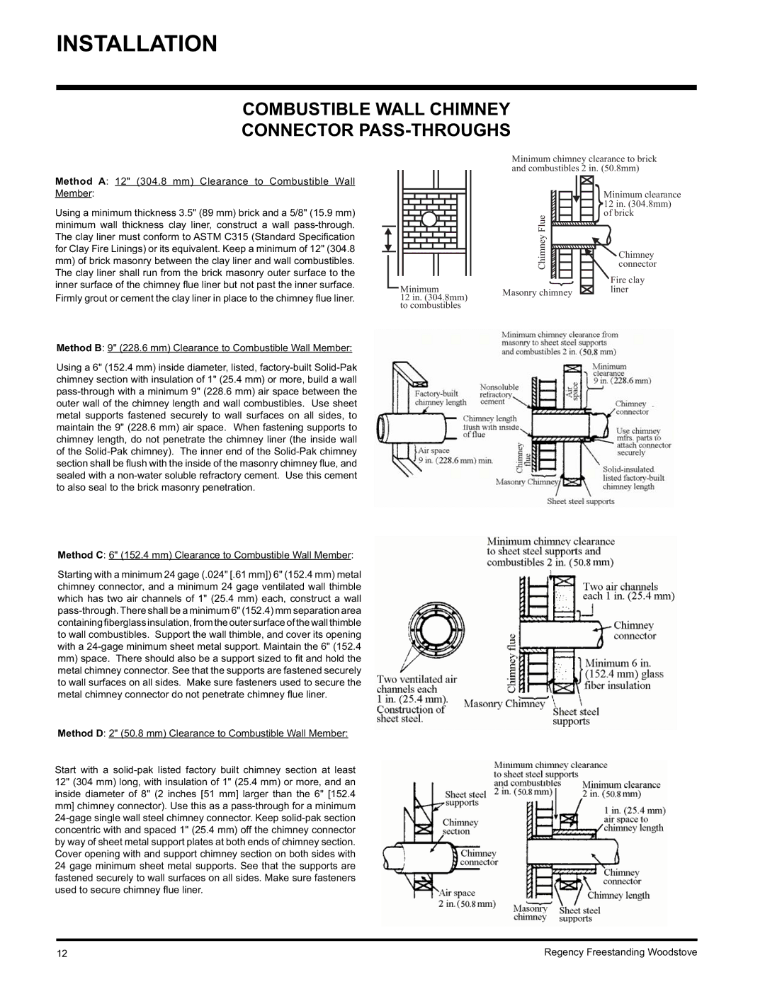 Regency F2402M Combustible Wall Chimney Connector PASS-THROUGHS, Method a 12 304.8 mm Clearance to Combustible Wall Member 