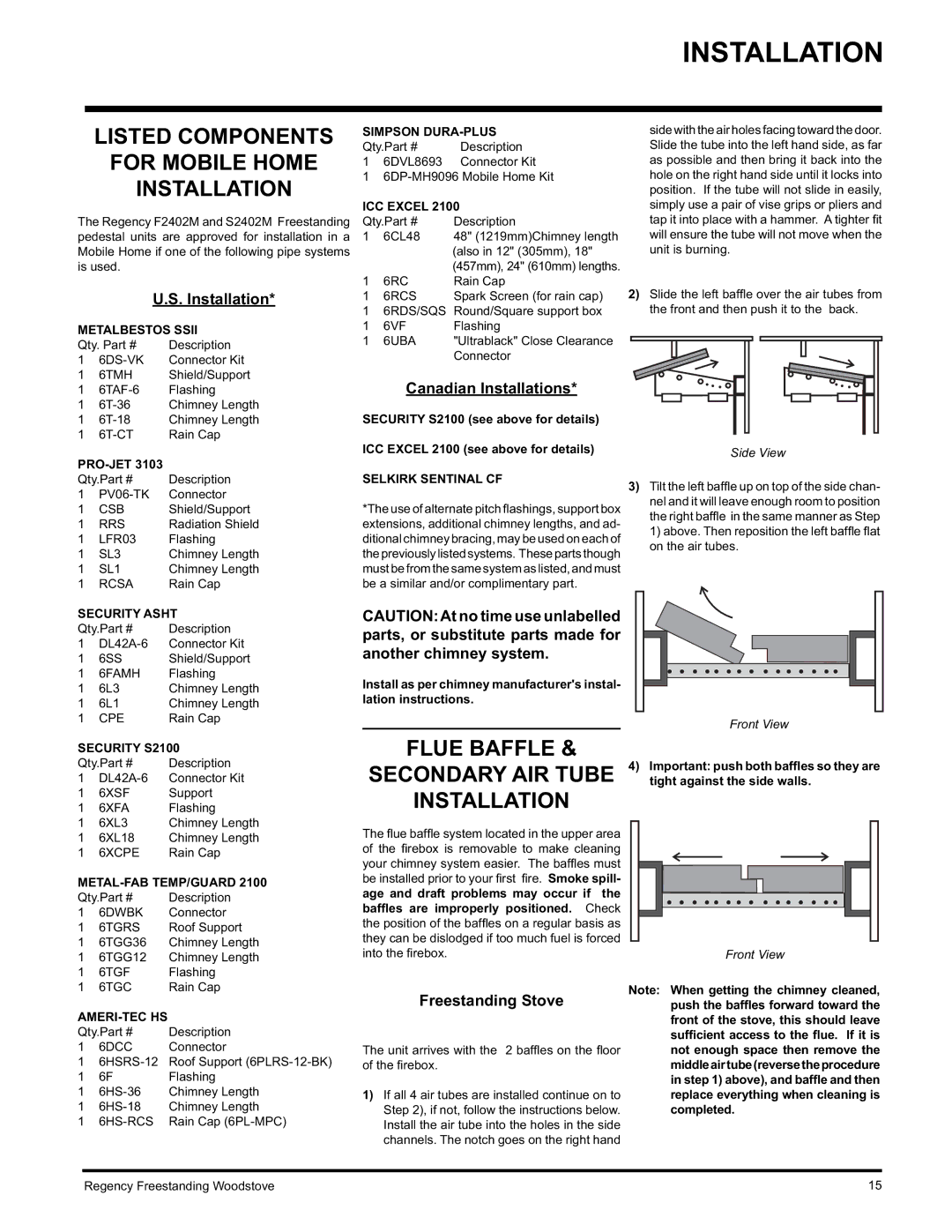 Regency F2402M Listed Components For Mobile Home Installation, Flue Baffle, Canadian Installations, Freestanding Stove 