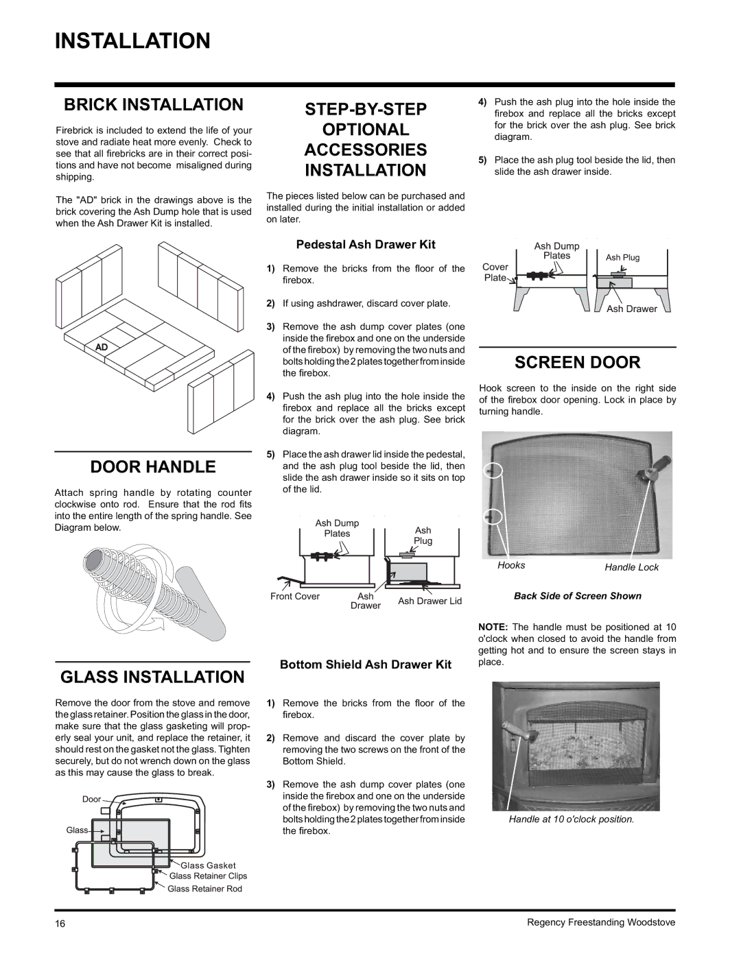 Regency F2402M manual Brick Installation, STEP-BY-STEP Optional Accessories Installation, Door Handle, Screen Door 