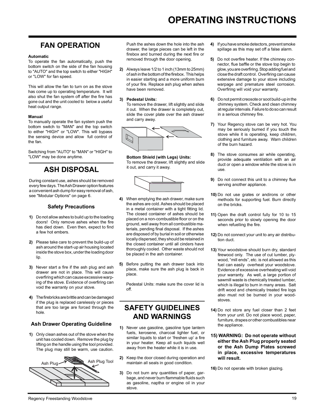 Regency F2402M manual FAN Operation, ASH Disposal, Safety Guidelines, Safety Precautions, Ash Drawer Operating Guideline 