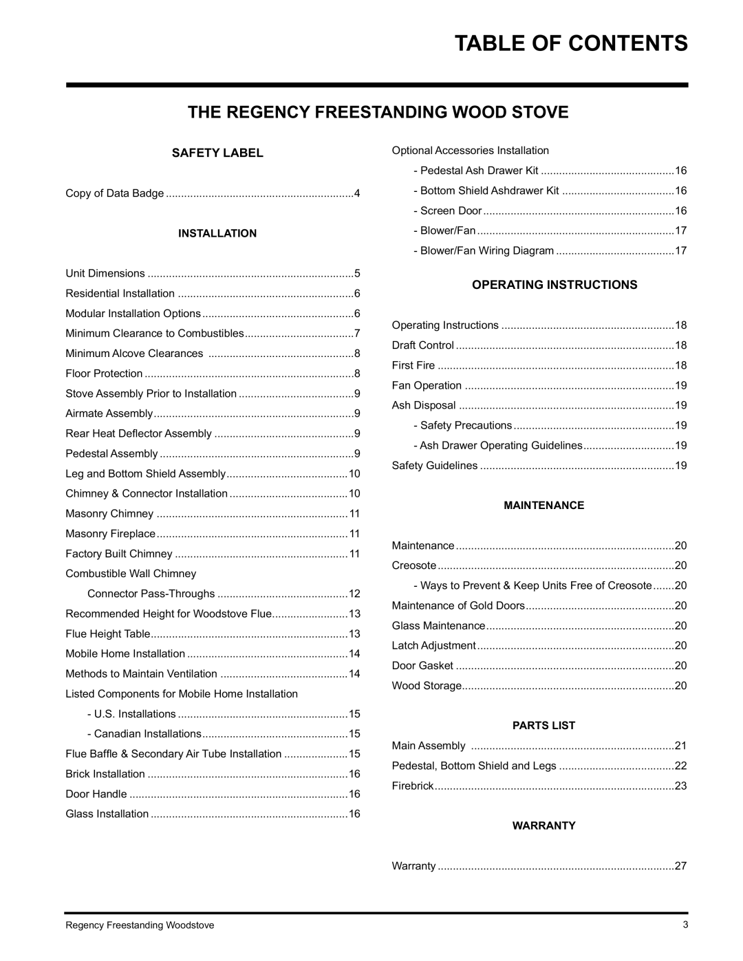 Regency F2402M manual Table of Contents 